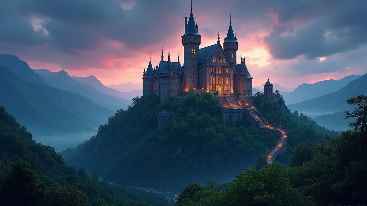 Medieval castle surrounded by green hills under a twilight sky.