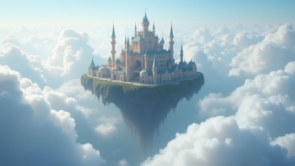 Magischer schwebender Palast umgeben von Wolken.