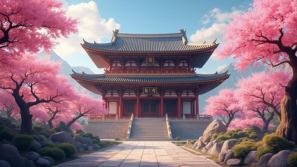 Imagen de un templo asiático entre árboles de cerezo en flor.