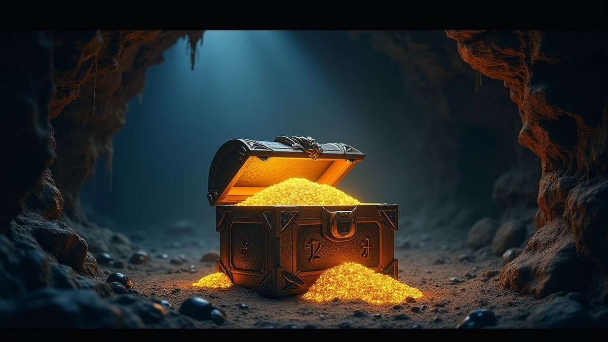 Ein leuchtender Schatztruhe umgeben von mystischen Runen in einer dunklen Höhle.