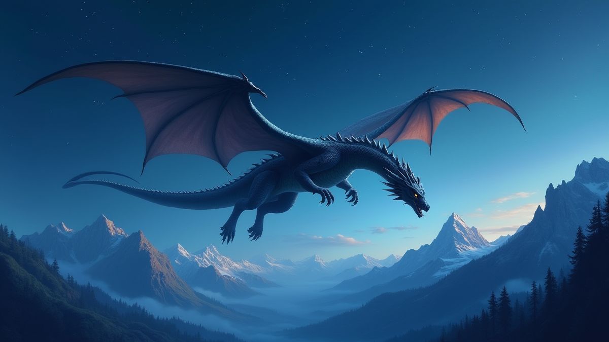 Ein mystischer Drache fliegt über Berge unter einem sternenklaren Nachthimmel.
