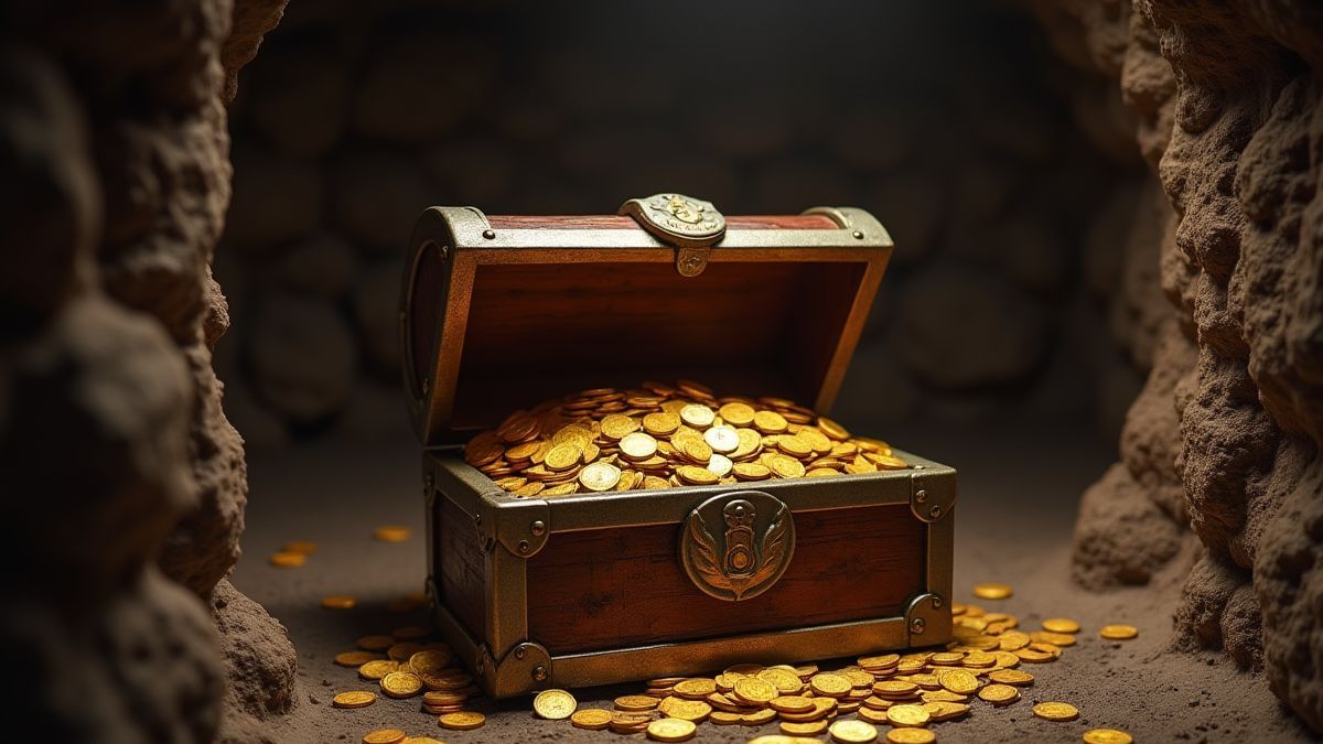 Um baú de tesouro cheio de moedas de ouro em uma masmorra medieval.