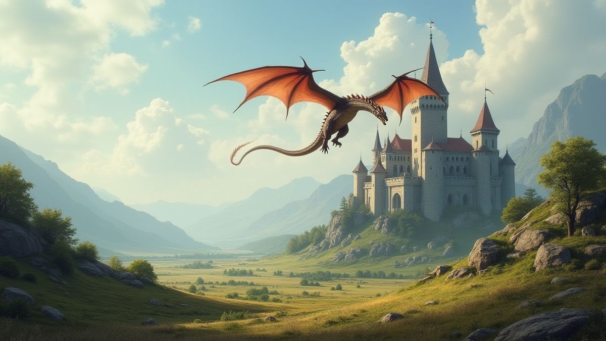 Uma paisagem medieval com um castelo ao fundo e um dragão sobrevoando-o.