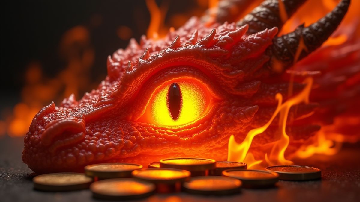 Drachenauge umgeben von Flammen und Schatzmünzen.