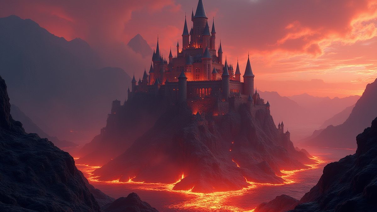 Ein mittelalterliches Schloss, umgeben von Lava und magischen Bergen.