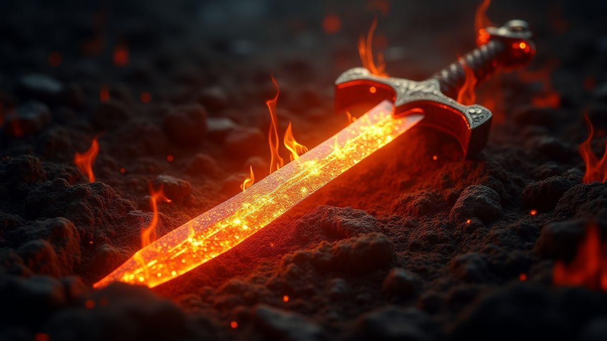 Ein magisches Schwert, das im Boden steckt, umgeben von Feuer.