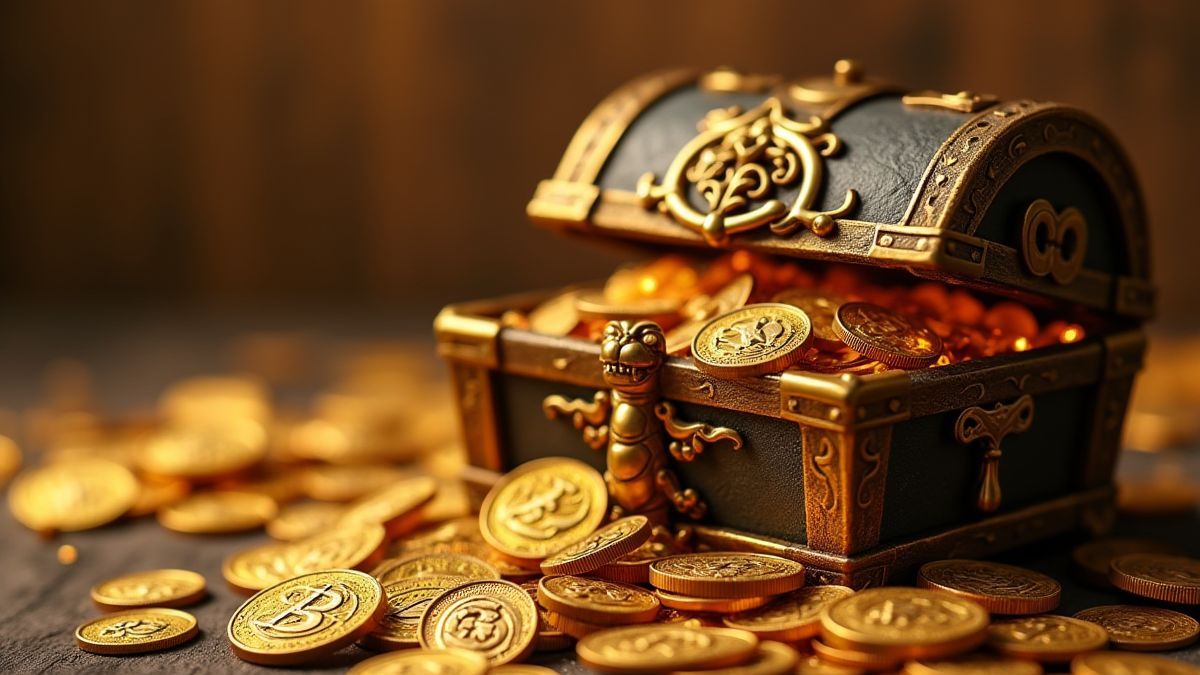 Drachenförmiger Schatz mit goldenen Münzen und Schätzen.