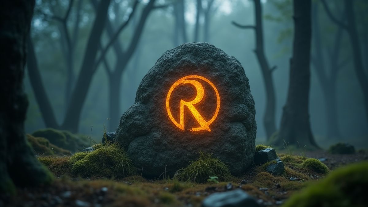 Una runa mágica brillante tallada en una piedra antigua en un bosque misterioso.