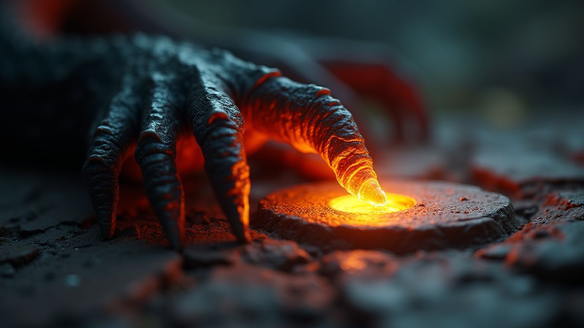 La garra de un dragón presionando un botón brillante.
