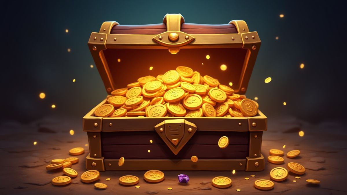 Un cofre del tesoro lleno de monedas de oro y joyas mágicas.