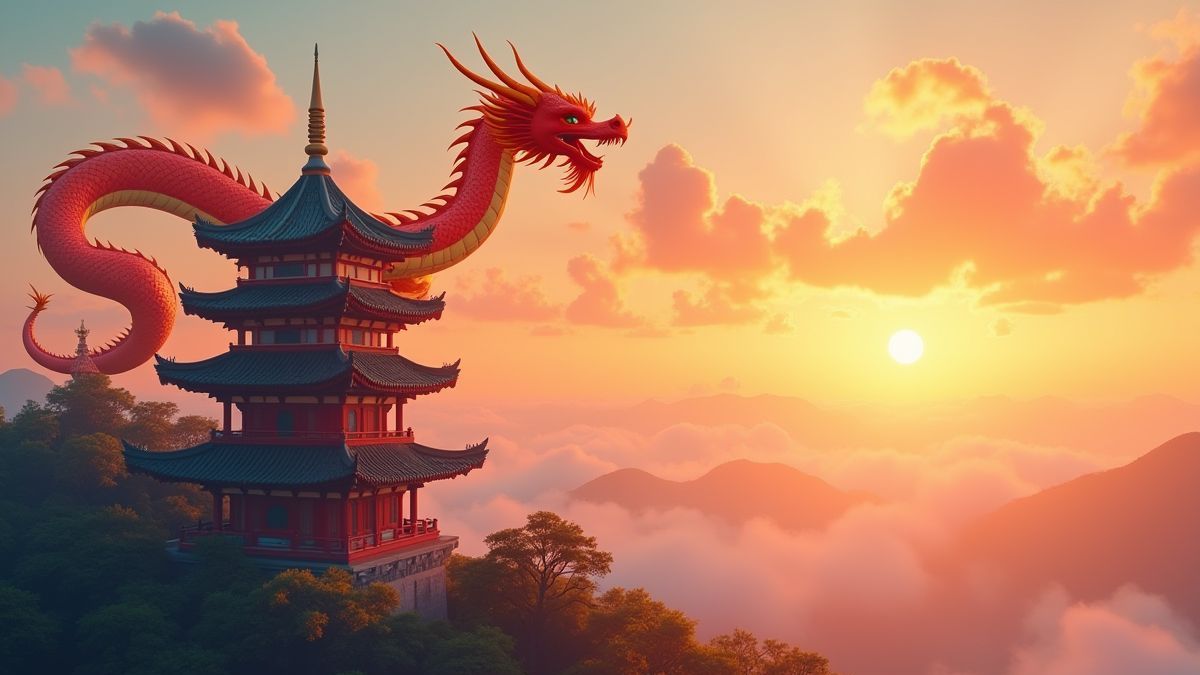 Un dragón coloré sur une pagode chinoise au coucher du soleil.