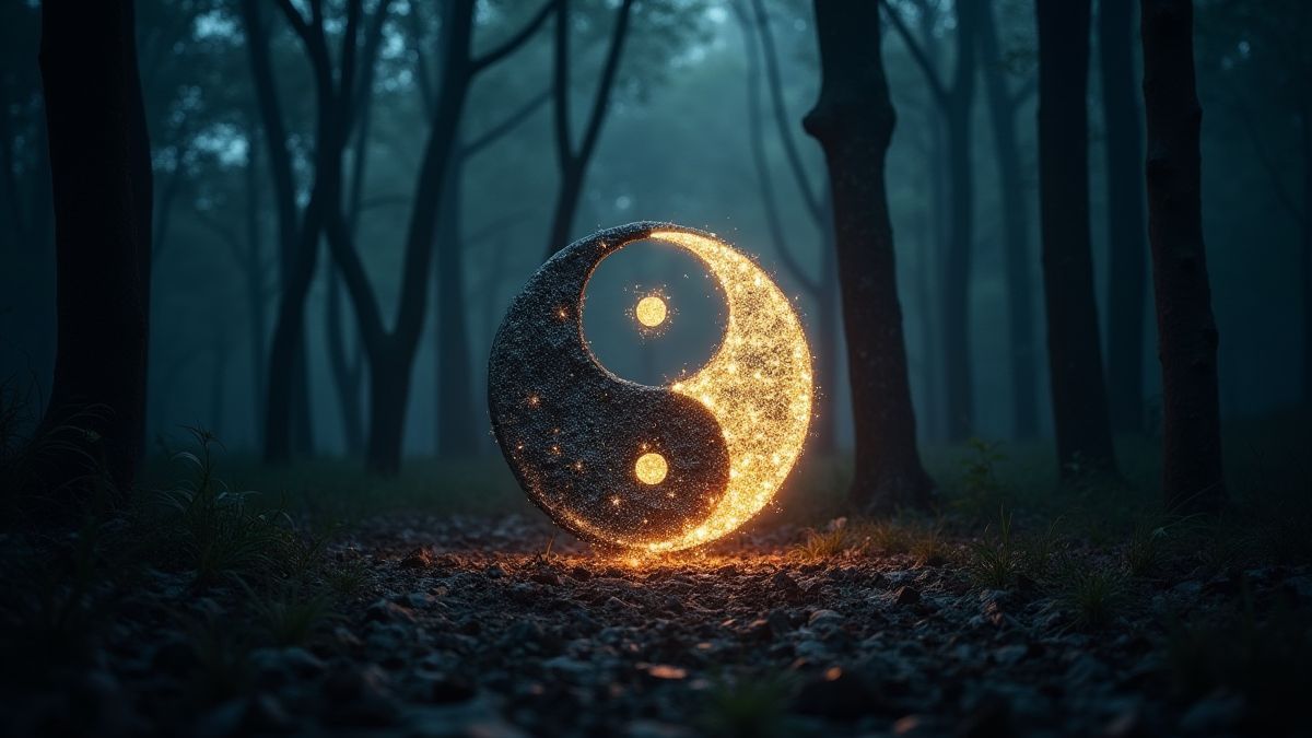Un symbole Yin Yang brillant dans une forêt sombre.