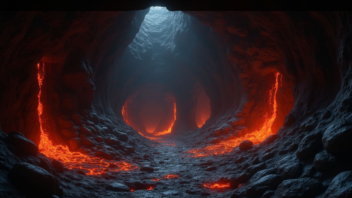 Una cueva medieval oscura con corrientes de lava y artefactos misteriosos.