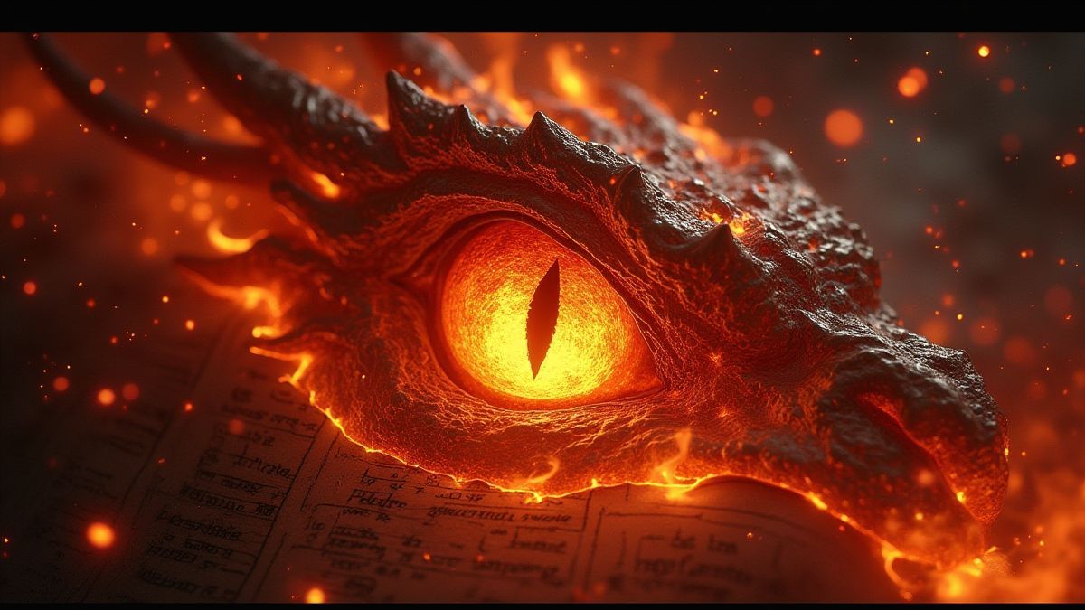Un ojo de dragón brillante rodeado de llamas místicas y runas antiguas.