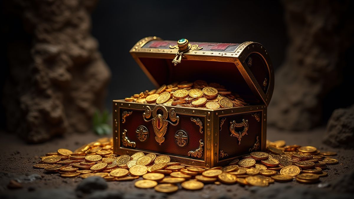 Eine Schatztruhe in einer mittelalterlichen Höhle, umgeben von Goldmünzen und Juwelen.