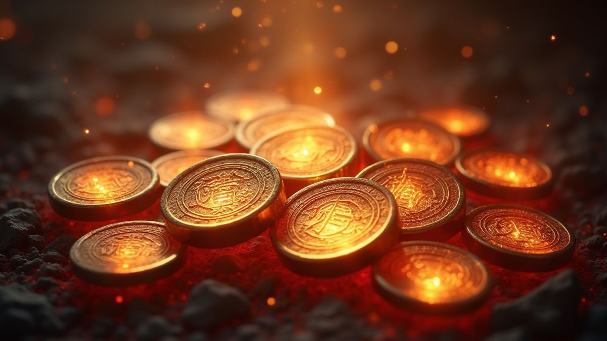 Ancient Chinese coins glowing in a mystical aura.