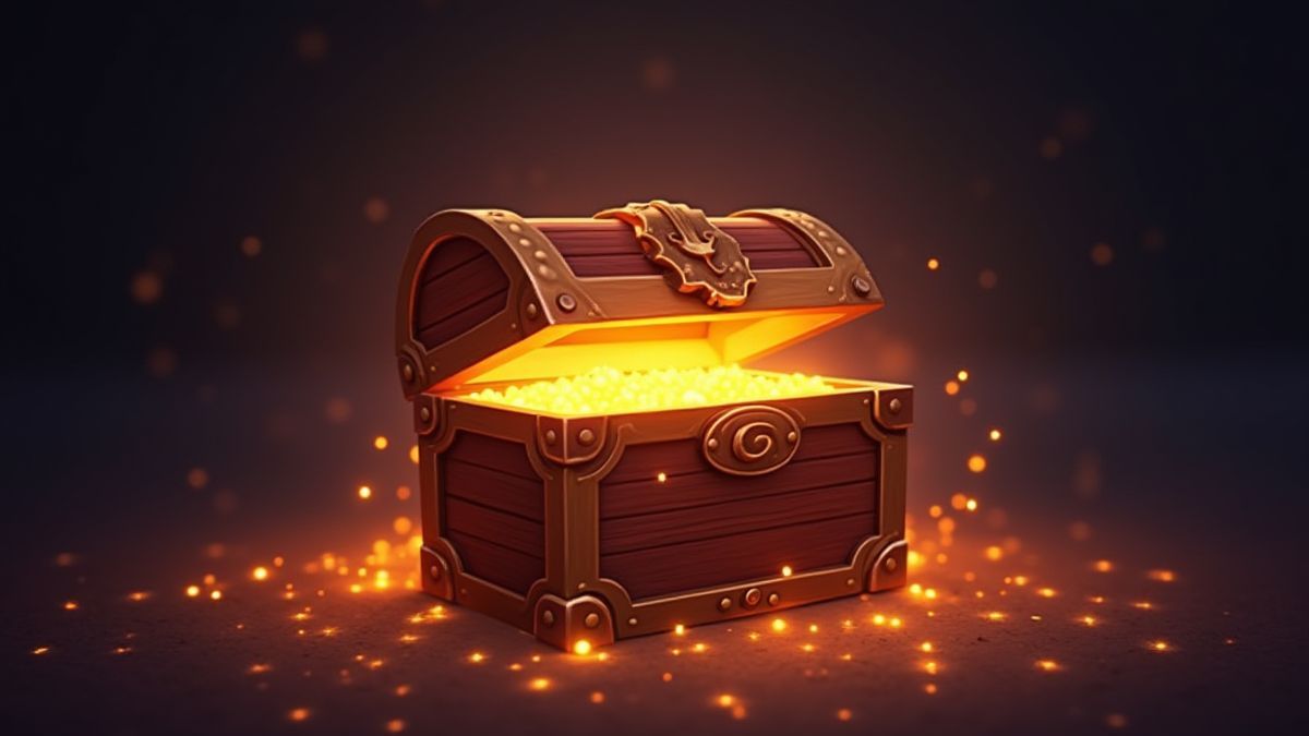A glowing treasure chest surrounded by fiery sparks.
