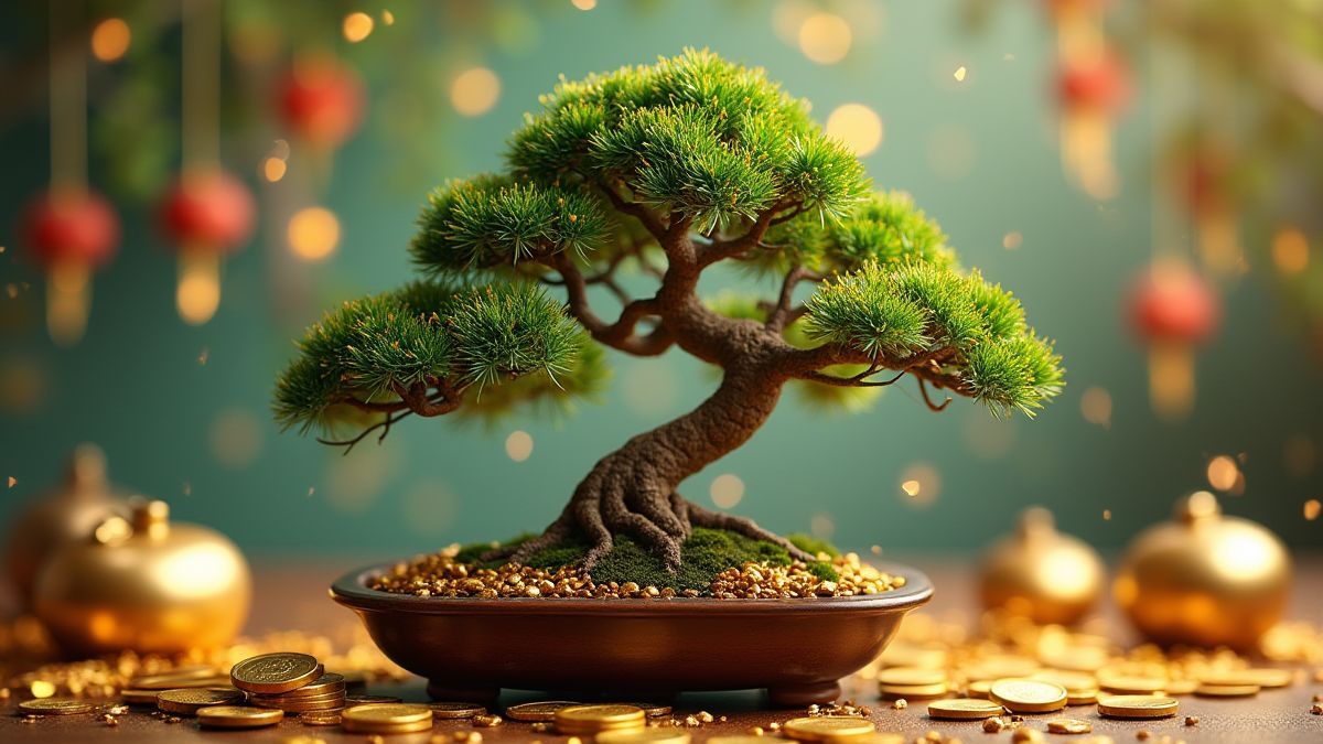 Bonsai rodeado de moedas de ouro e ornamentos.