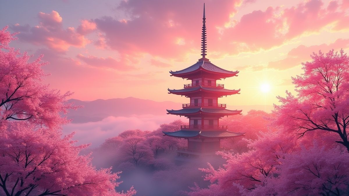Pagoda surrounded by cherry blossom trees at sunset.