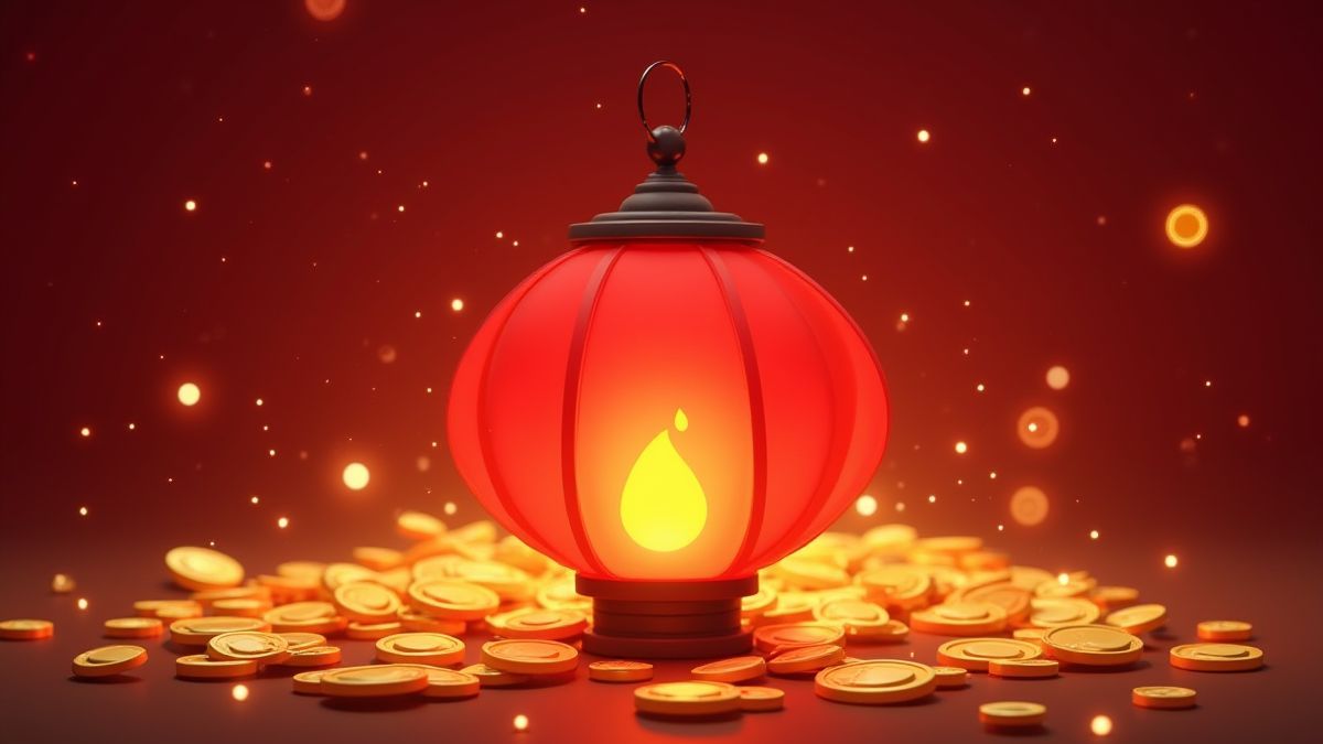 Red lantern surrounded by golden coins.
