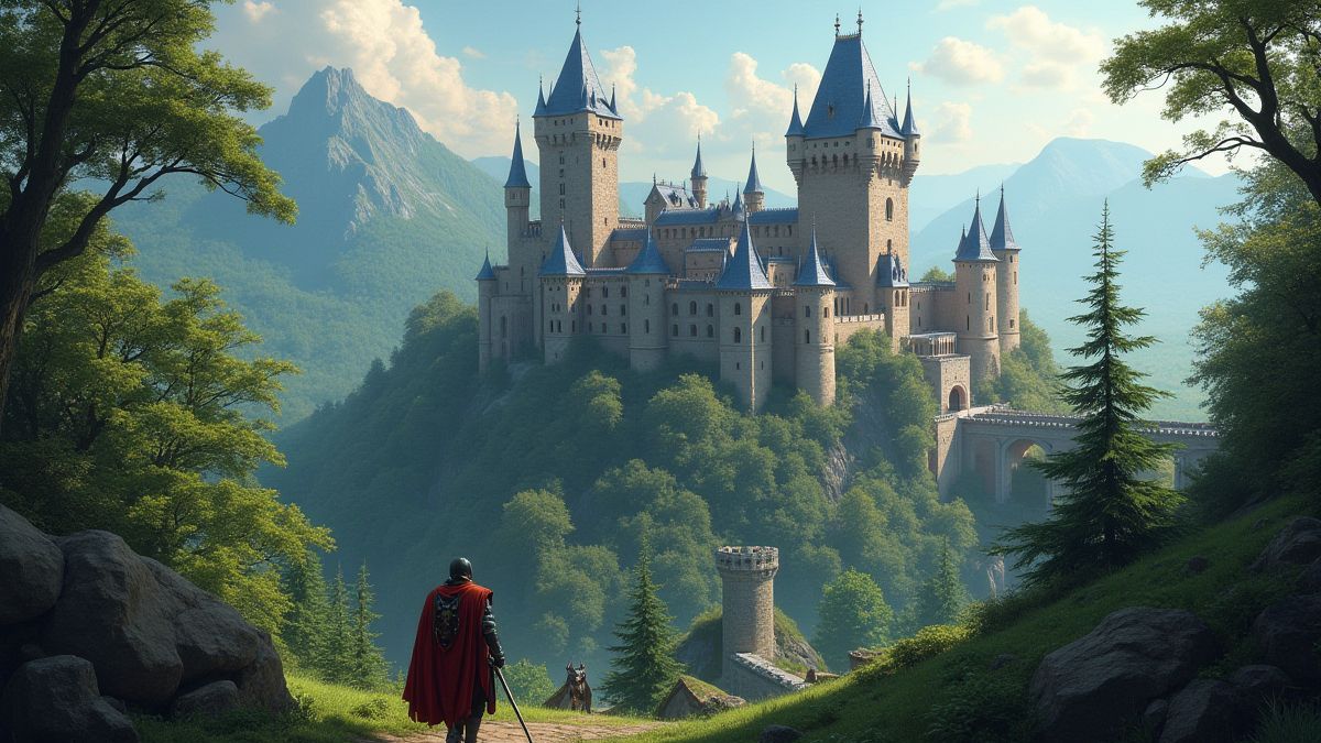 Ein mittelalterliches Schloss umgeben von Wäldern und Drachen.