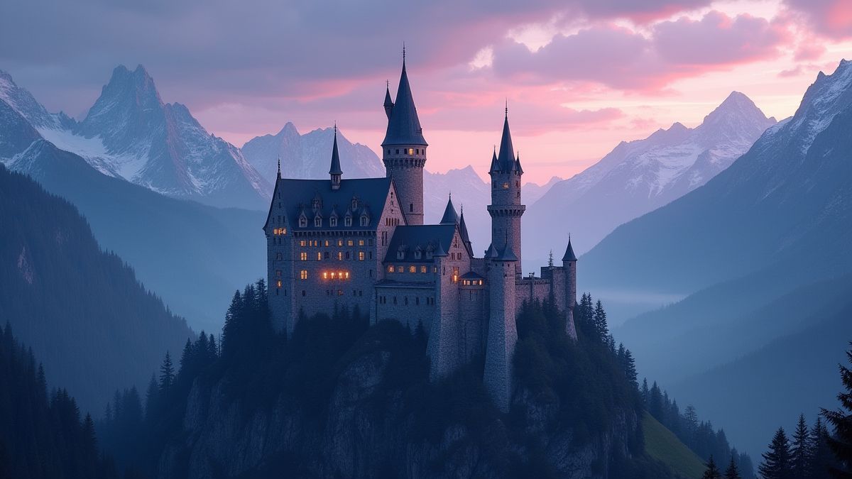 Un château médiéval entouré de montagnes sous un ciel crépusculaire.