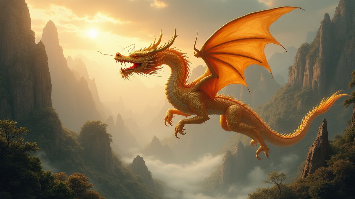A golden dragon flying in a mystical Asian landscape.