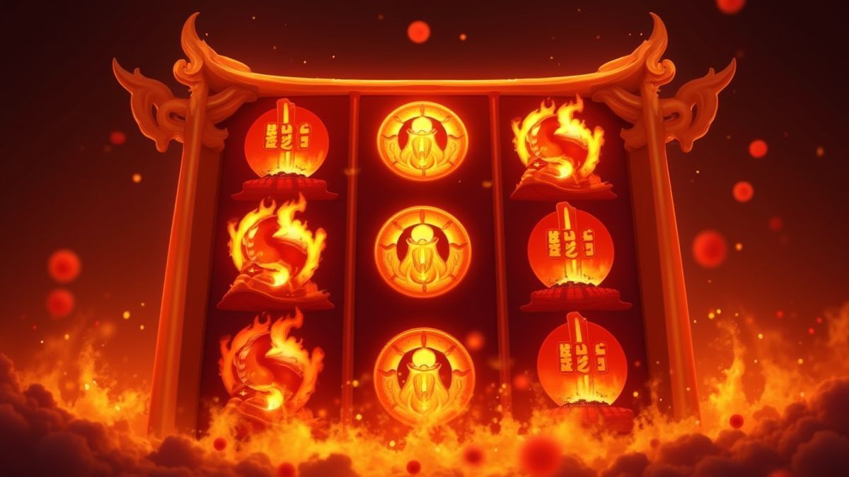 Fiery symbols spreading across the reels with a glowing Asian background.