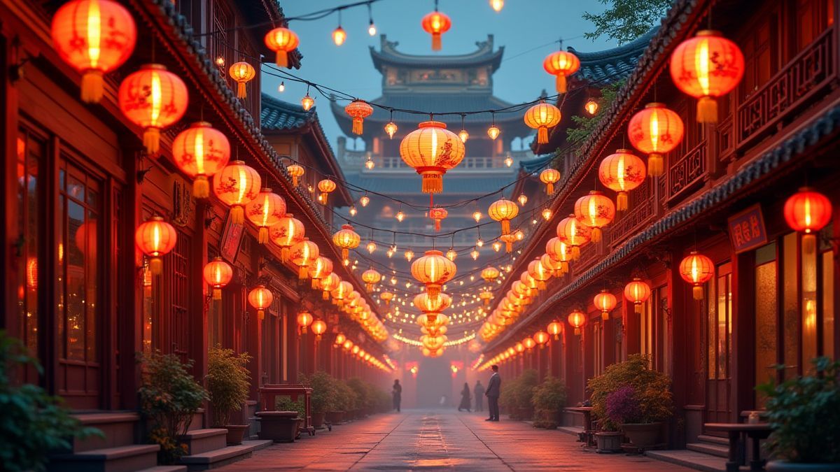 Eine Straße in China, geschmückt mit Laternen und traditioneller Architektur.