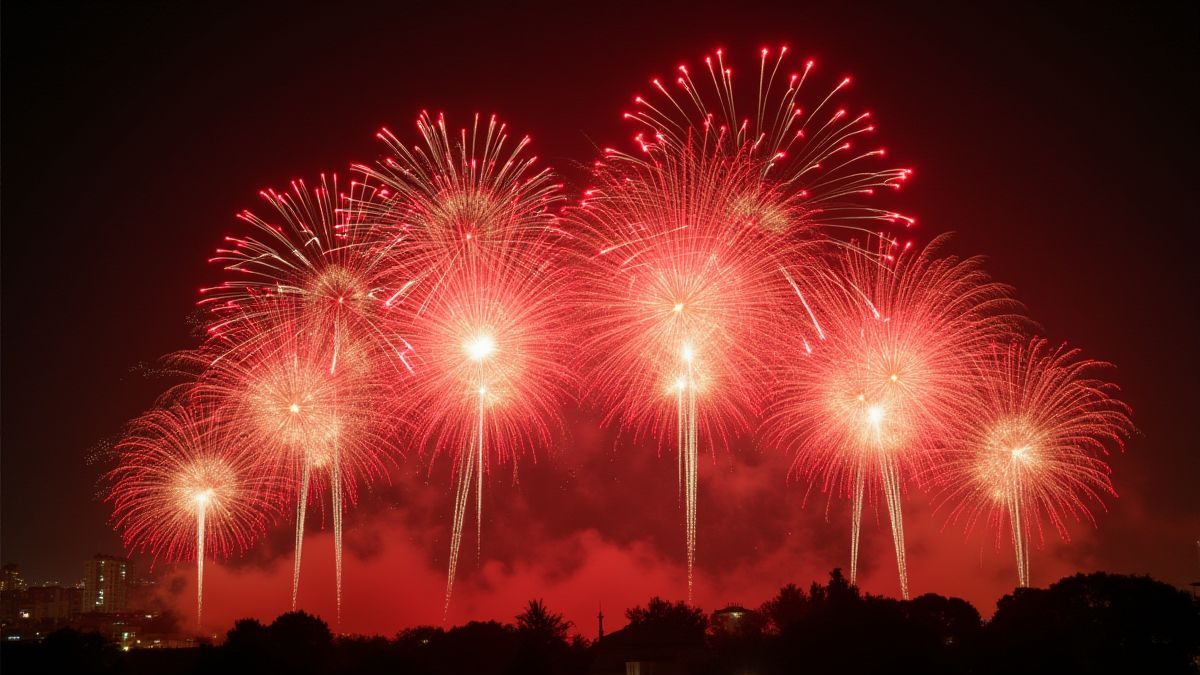 Eine festliche Darstellung von chinesischen Feuerwerkskörpern, die den Nachthimmel erhellen.