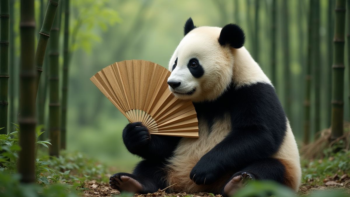 A panda sitting in a bamboo forest with a Chinese fan.