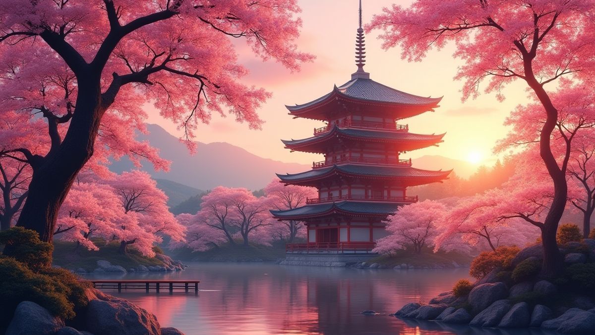 A tranquil pagoda surrounded by cherry blossoms at dawn.