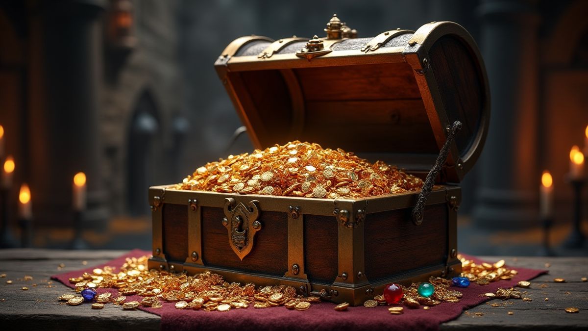 Un cofre del tesoro lleno de oro y joyas en un castillo medieval.