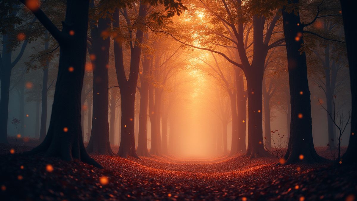 Un bosque mágico resplandeciente con partículas brillantes flotando en el aire.