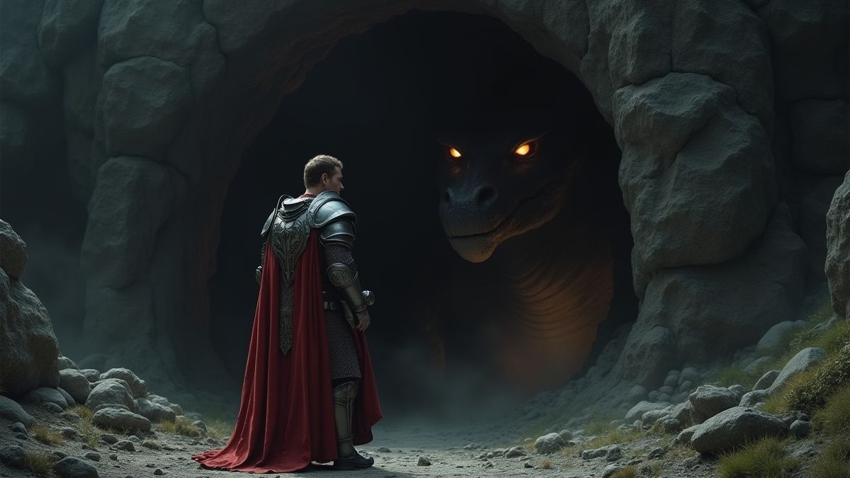 Un caballero medieval frente a la cueva de un dragón con ojos brillantes visibles en el interior.