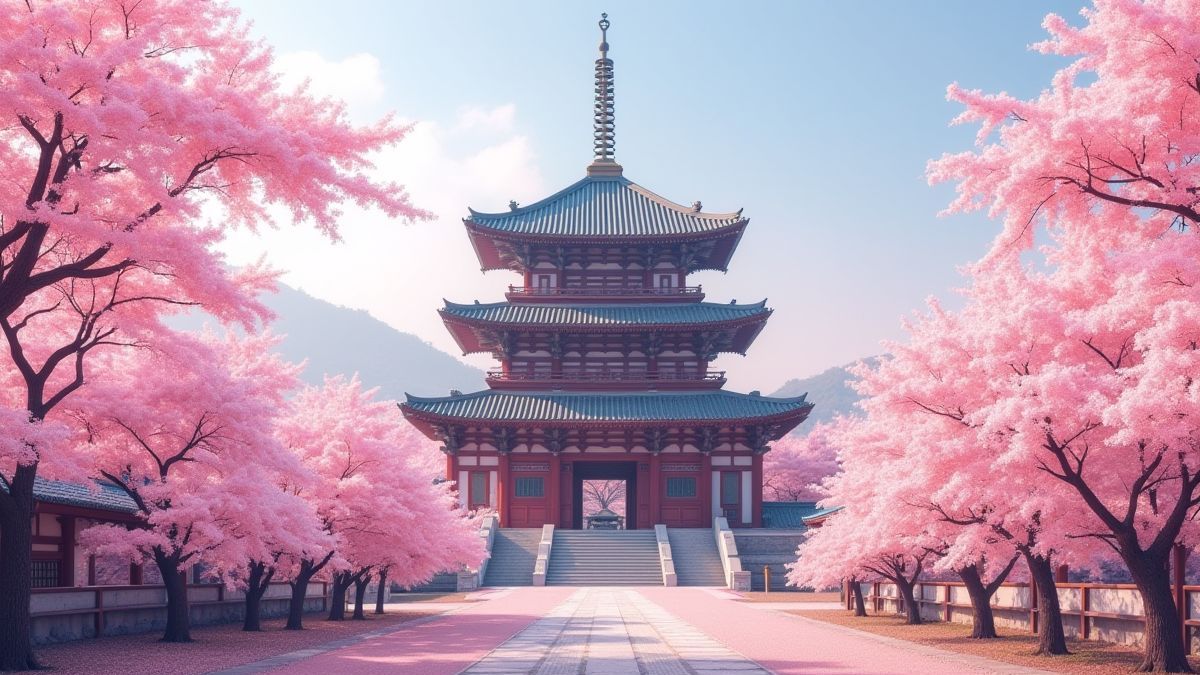 Un temple asiatique entouré de fleurs de cerisier.