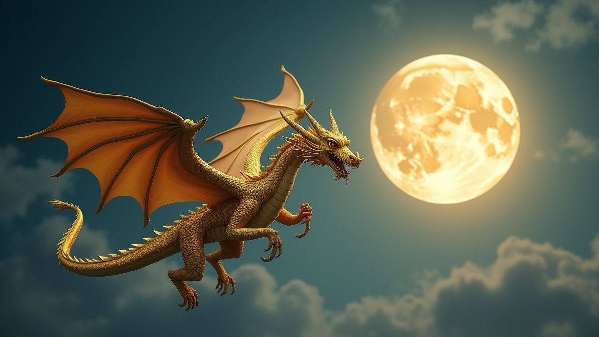 Un dragon doré volant sous la lumière de la pleine lune.