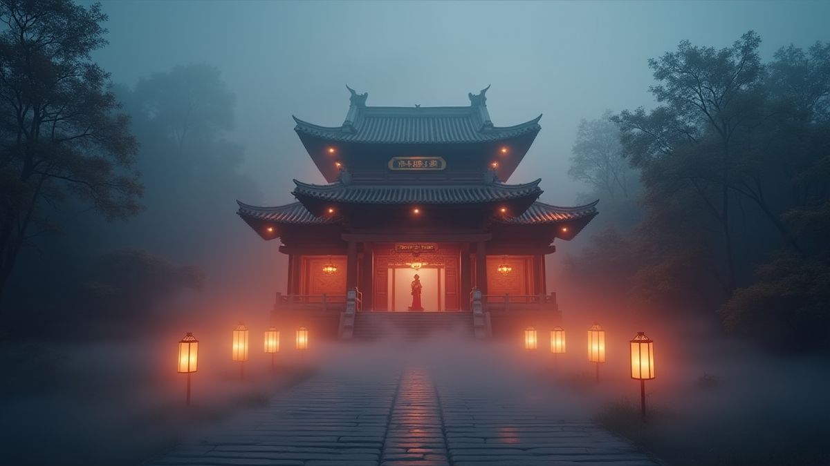 An Asian temple surrounded by mystical fog and glowing lanterns.
