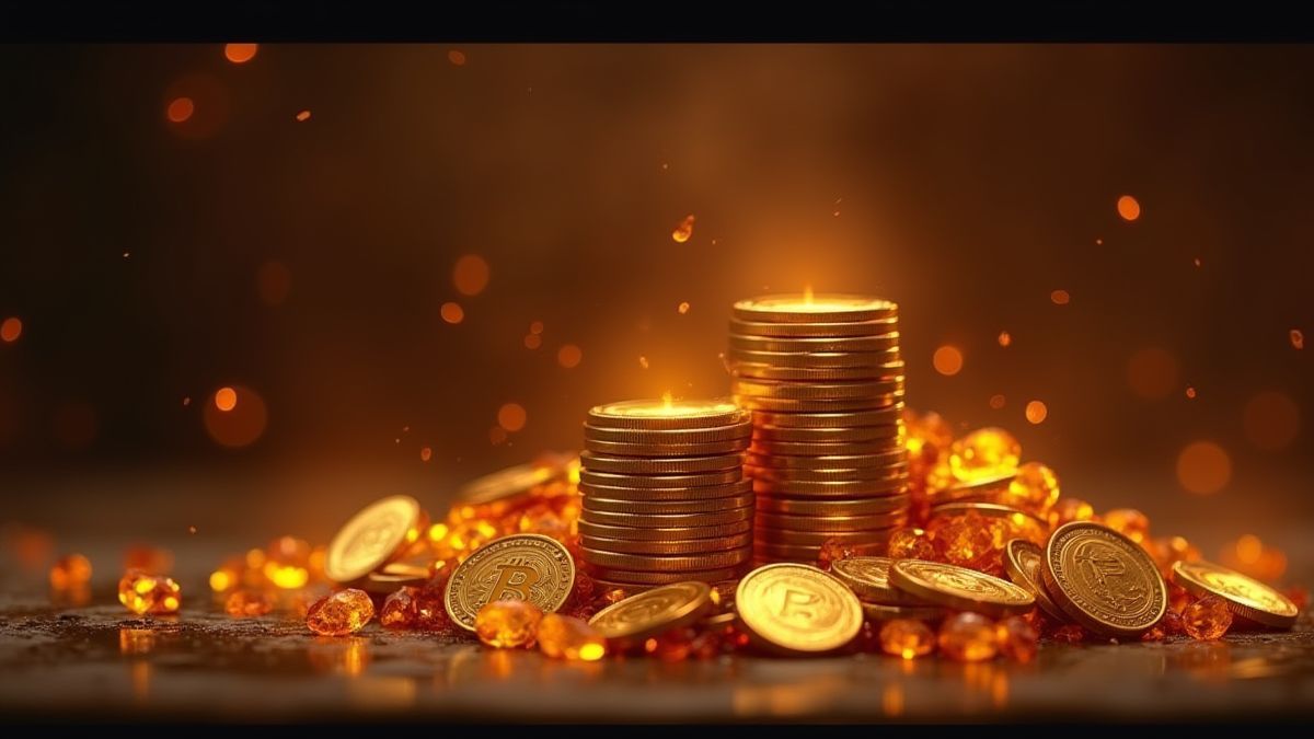 A stack of gold coins and gems glowing under firelight.