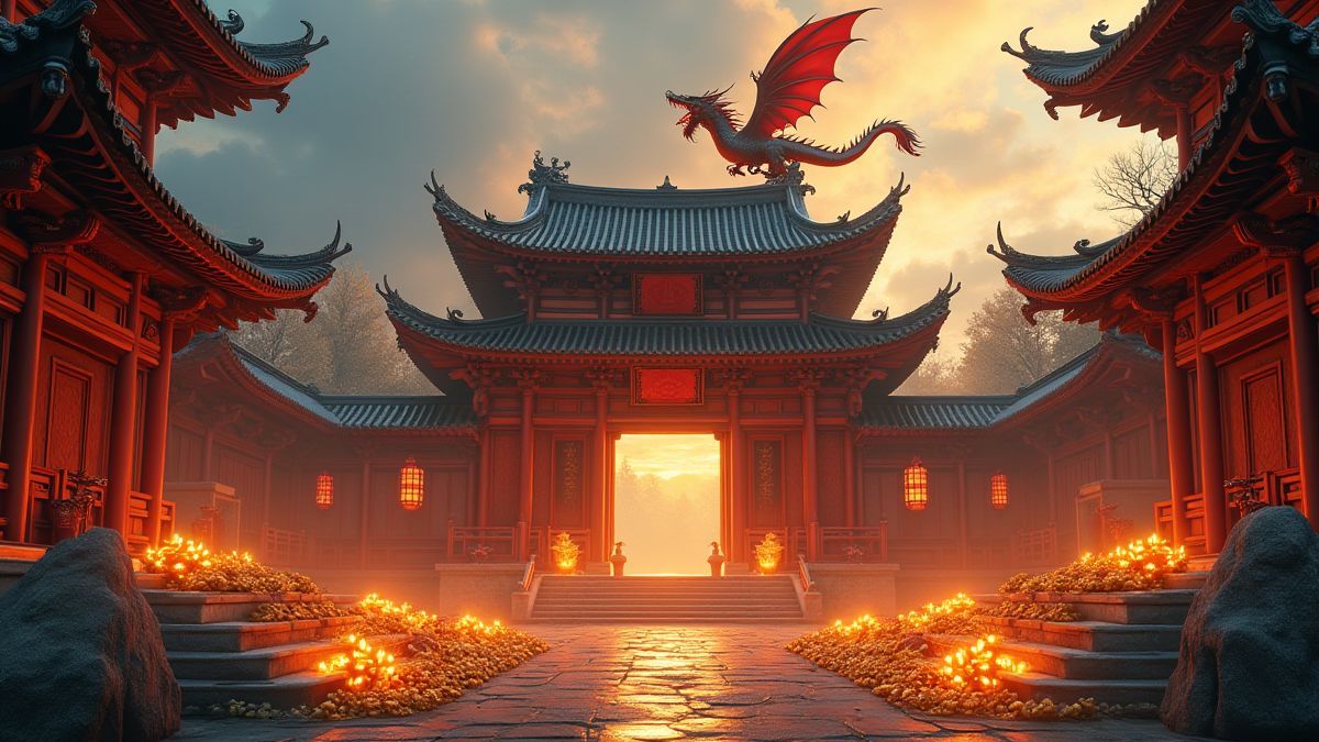 Um templo asiático antigo rodeado de tesouros brilhantes e um dragão mítico voando.