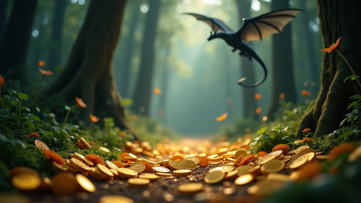 Monedas doradas esparcidas em um bosque místico com a sombra de um dragão voando.