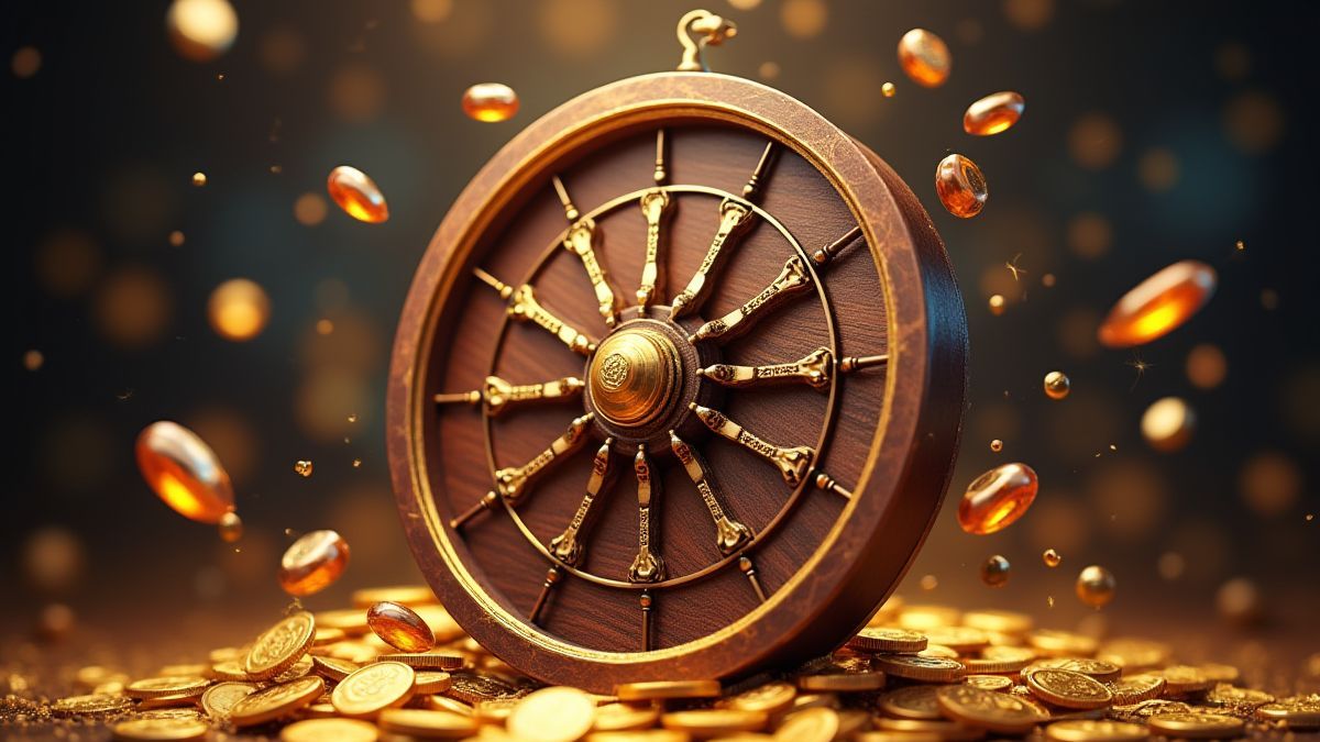 Roue de prix entourée de diamants et de pièces dorées.