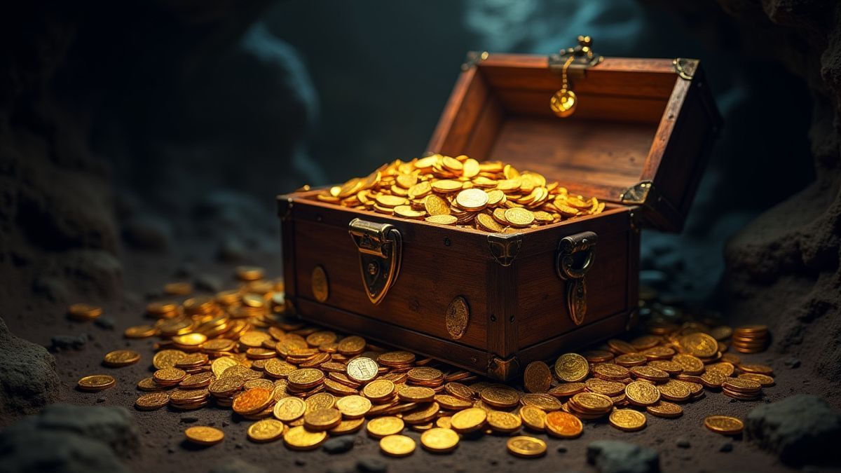 Een schatkist die overloopt van gouden munten en juwelen in een donkere grot.