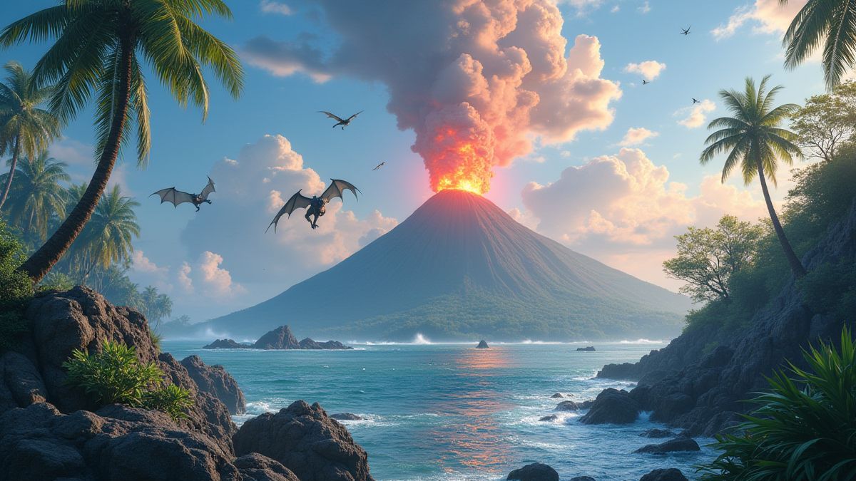 Paisagem de uma ilha tropical com dragões e um vulcão em erupção.