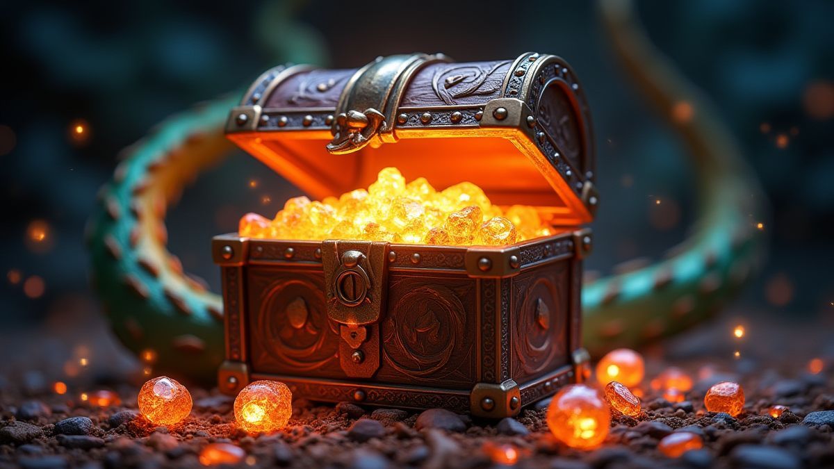 Um cofre do tesouro brilhante rodeado de gemas resplandecentes e a cauda de um dragão.