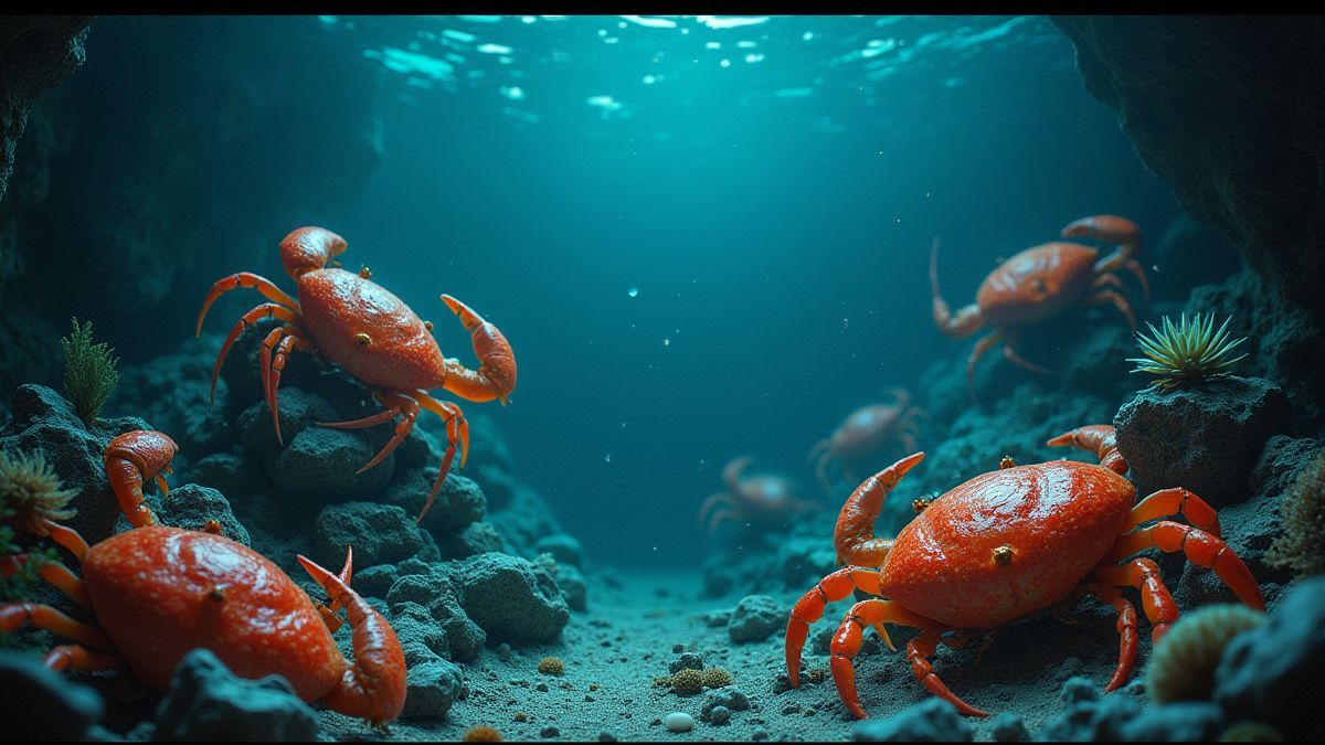 Scène sous-marine avec des créatures marines brillantes et des artefacts chinois.
