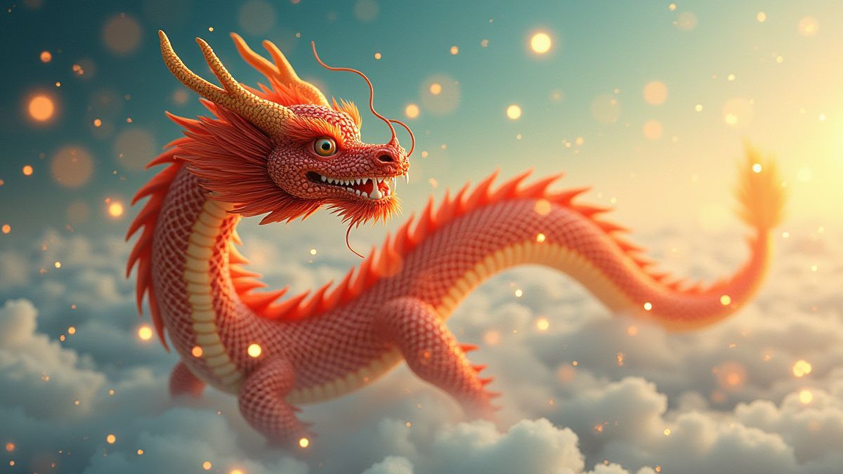 Dragón chino volando por el cielo con destellos dorados.