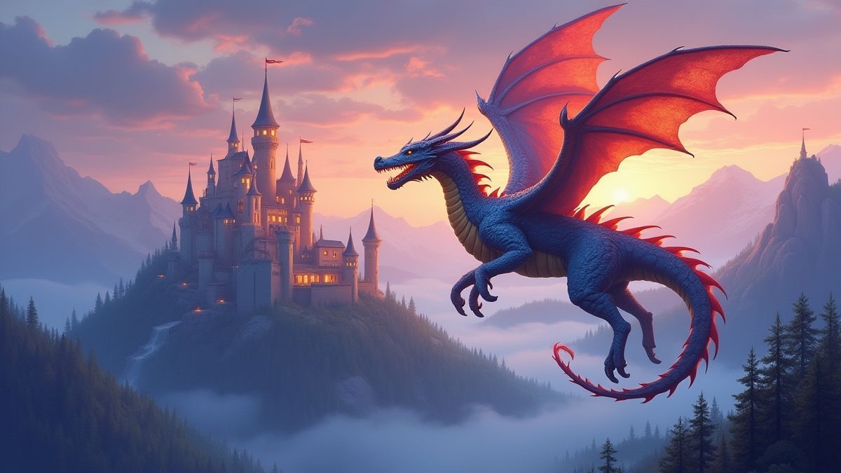 Dragon flying over mountains with a glowing castle in the background.