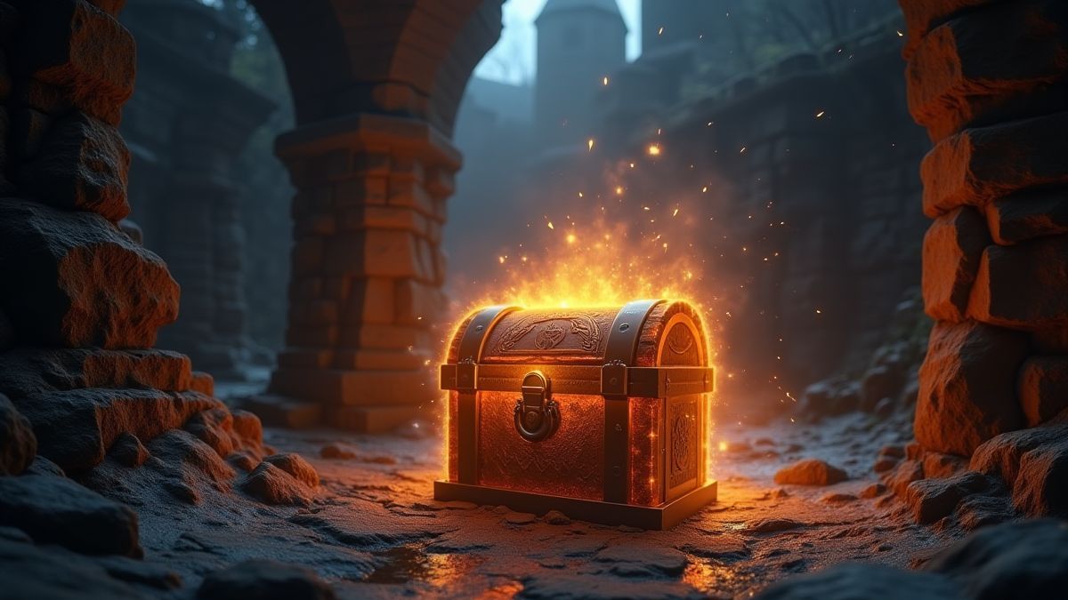 Glowing treasure chest in a medieval castle.