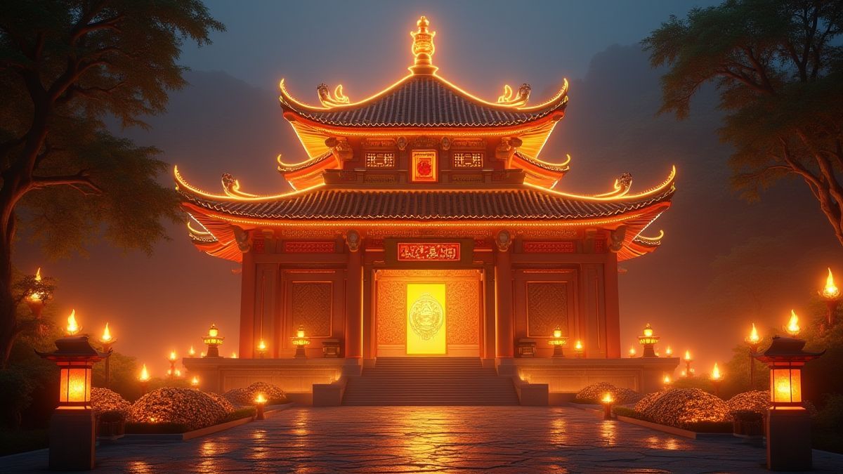 Temple asiatique illuminé avec lumières mystiques et trésors dorés.